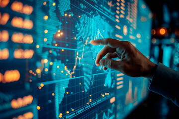 A person interacting with a digital stock market chart, creative on a dark, blurred background, concept of finance analysis. Generative AI