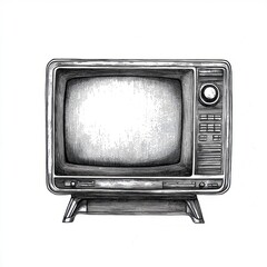 Black and white Vintage engraved art of a flat-screen television isolated on white background, ink sketch illustration, simple vector art design, highly detailed line art, high contrasty