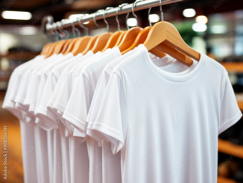 Poster white t-shirts on hangers in a store with space for branding and logos, on blurred indoor background
