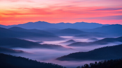 Breathtaking Sunrise Over Mountain Range with Pink and Orange Sky, Mist Gently Covering Valleys Below, Capturing the Serenity of Nature - Powered by Adobe