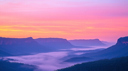 Obraz premium Breathtaking Sunrise Over Mountain Range with Pink and Orange Sky, Mist Gently Covering Valleys Below, Capturing the Serenity of Nature