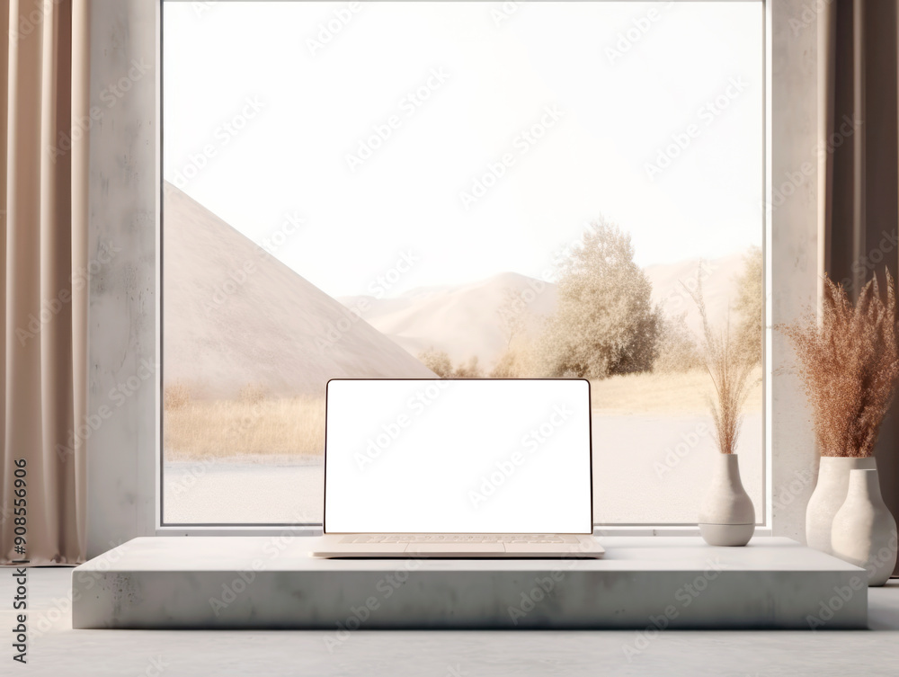 Poster laptop with blank screen on a table near a window overlooking a scenic landscape, warm light, clean 