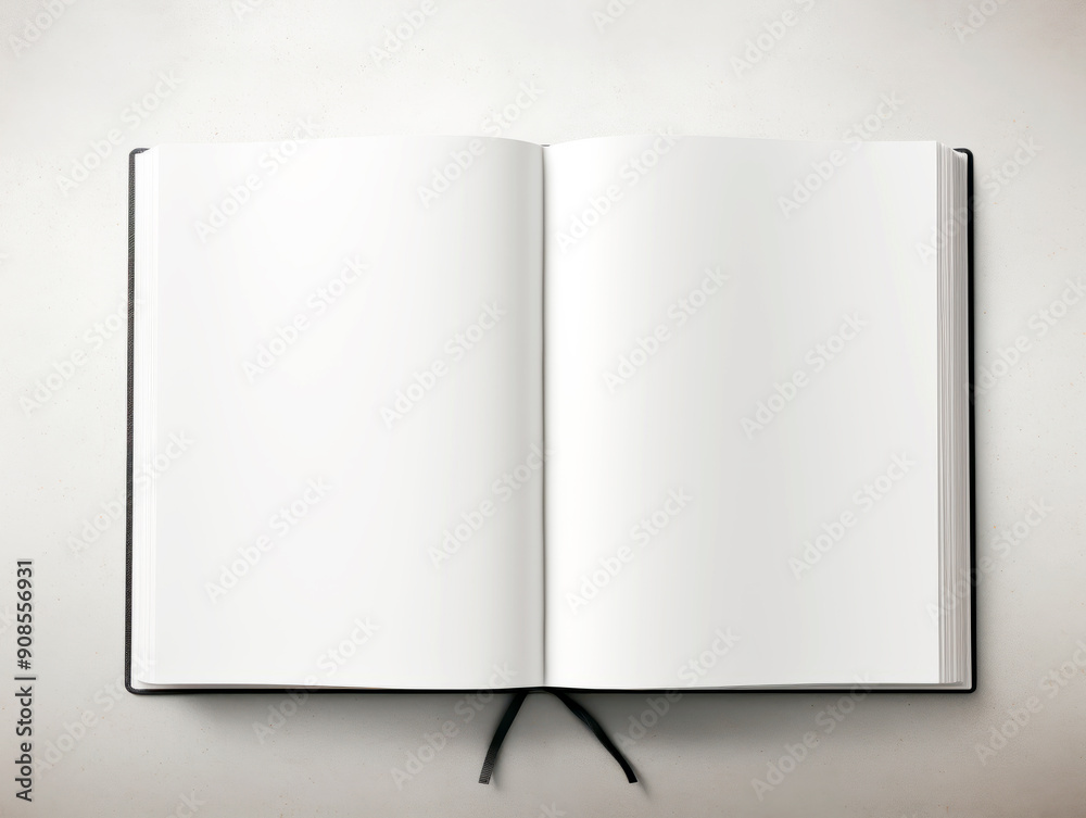 Poster An open blank notebook with white pages on a light textured background, concept of mockup design. Generative AI