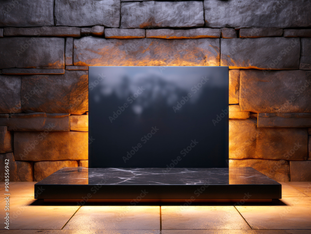 Poster an empty black mockup board on a marble platform against a textured stone wall, dimly lit for a bran