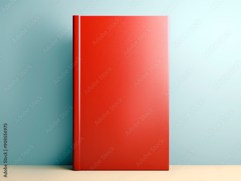 Aufkleber a standing red book mockup with a blank cover on a light beige surface and blue-gray background, con