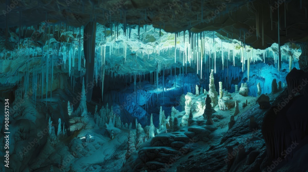 Canvas Prints A cave with blue stalactites hanging from the ceiling