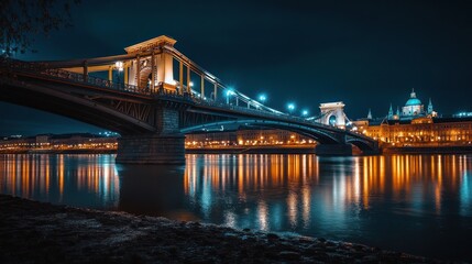 Chain Bridge Illuminated at Night in Budapest