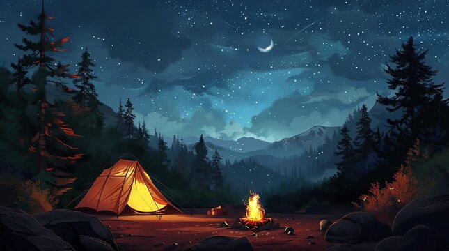 Cozy tent beside a glowing bonfire on a mystical fantasy night landscape under a sky filled with stars and magical light
 Seamless looping 4k time-lapse virtual video animation Generated AI