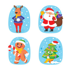 Christmas cute characters: Santa Claus, deer, Christmas tree, gingerbread man in vector. Pictures for your creativity, stickers, room decorations, printing on T-shirts