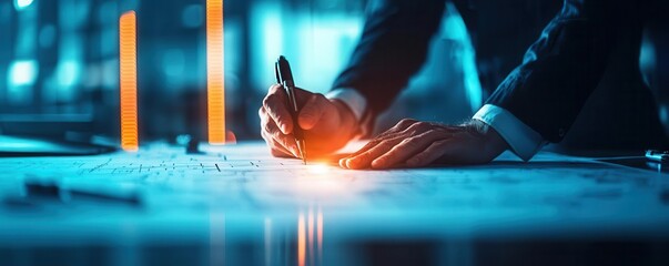 Investigator in a dark room with blueprints and maps, plotting a strategic approach to a high-profile case, tactical planning