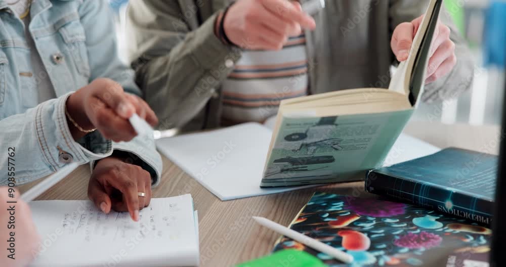 Sticker Pens, book and hands of people reading story for information with university exam. Education, scholarship and journalism students with novel for college test or assignment studying together.