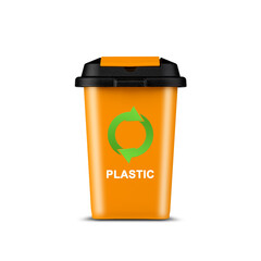 Orange trash can. With a recycling icon. Isolated on white background.Plastic recycling. Garbage recycling.