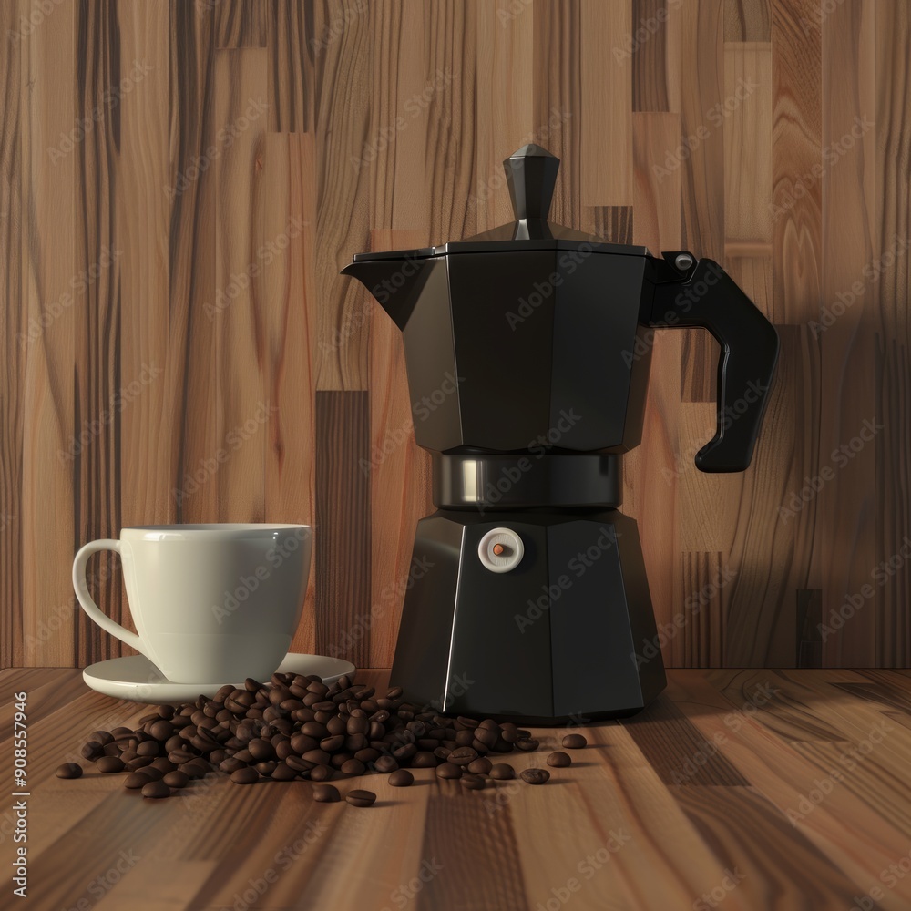 Poster A black coffee pot sits on a wooden table next to a white cup filled with coffee