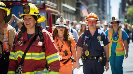 Labor Day parade featuring people in professional attire representing their careers, walking proudly down a city street.