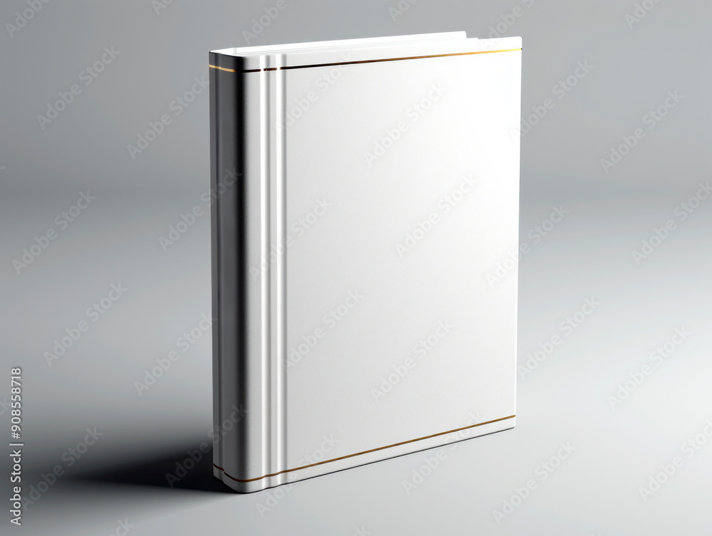 Poster a blank white book with gold trim on a clean grey background, concept of mock-up design. generative 