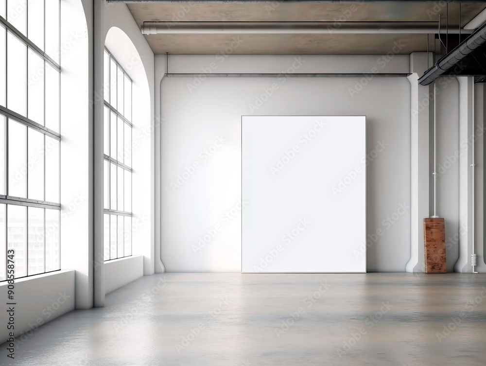 Poster a spacious industrial-style room with large windows and a blank white poster for mockups, on a plain
