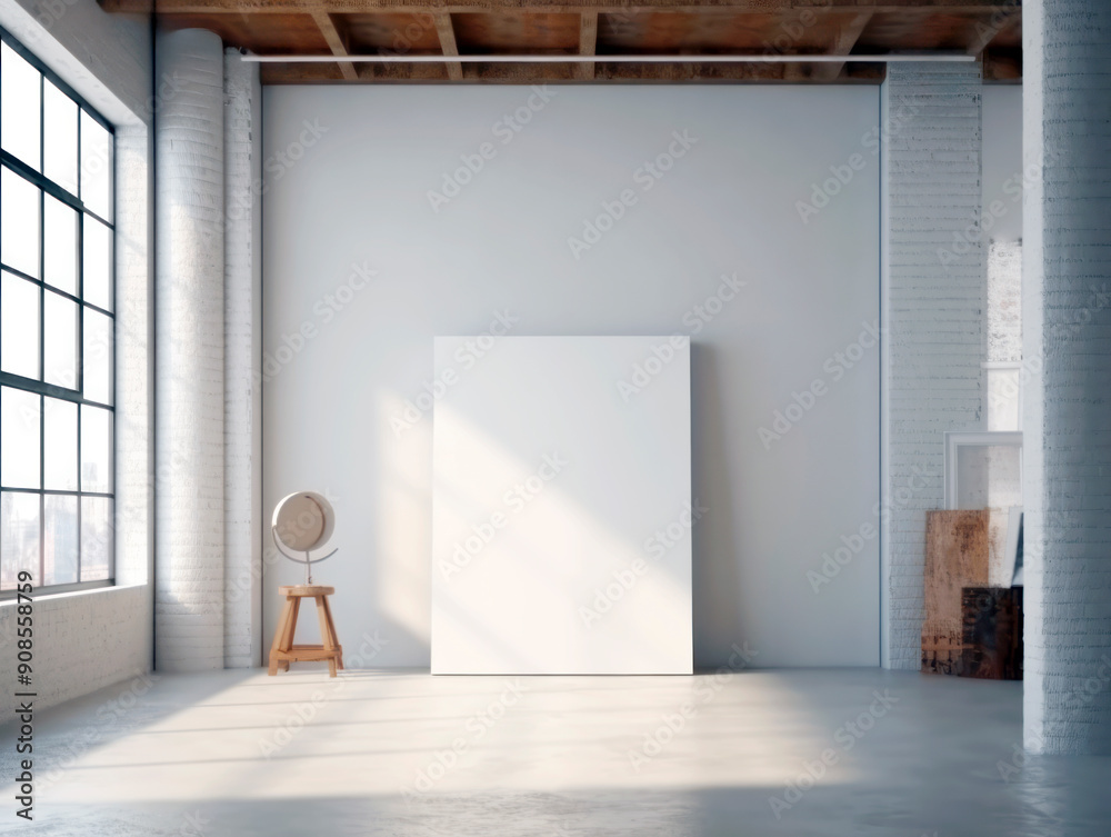 Poster A spacious loft with a large window, white walls, and a blank canvas for presenting designs. Generative AI
