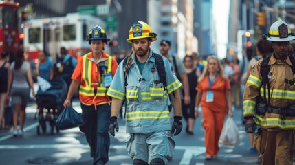 Labor Day parade featuring people in professional attire representing their careers, walking proudly down a city street.