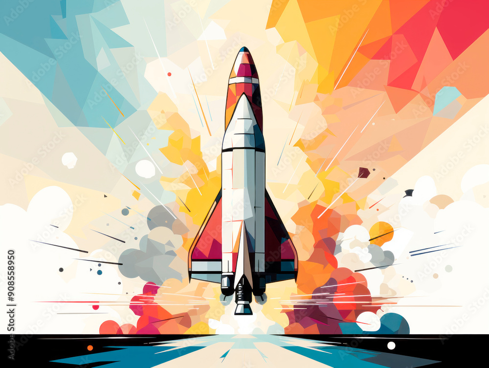 Poster A stylized illustration of a rocket launch with geometric shapes in vibrant colors on an abstract background, evoking a concept of innovation and exploration. Generative AI