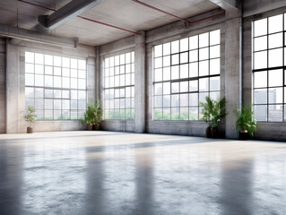 Obraz premium An empty industrial-style interior with large windows, concrete walls, and green plants. Generative AI