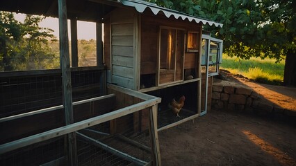 Chickens exploring their clean and well-organized chicken run with curiosity and joy