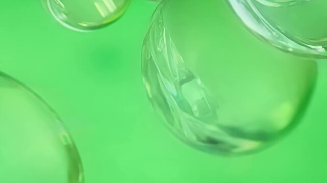 Small translucent orbs meandering through the atmosphere reflecting the world around them in a distorted funhouse mirror. Green screen chromakey