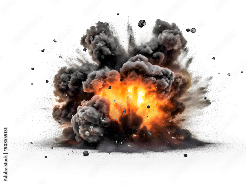 Poster an explosive burst with fiery orange center and grey smoke, isolated on a white background, depictin