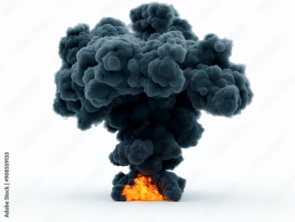 Poster voluminous black smoke forming an abstract shape with orange flames at the base on a white backgroun
