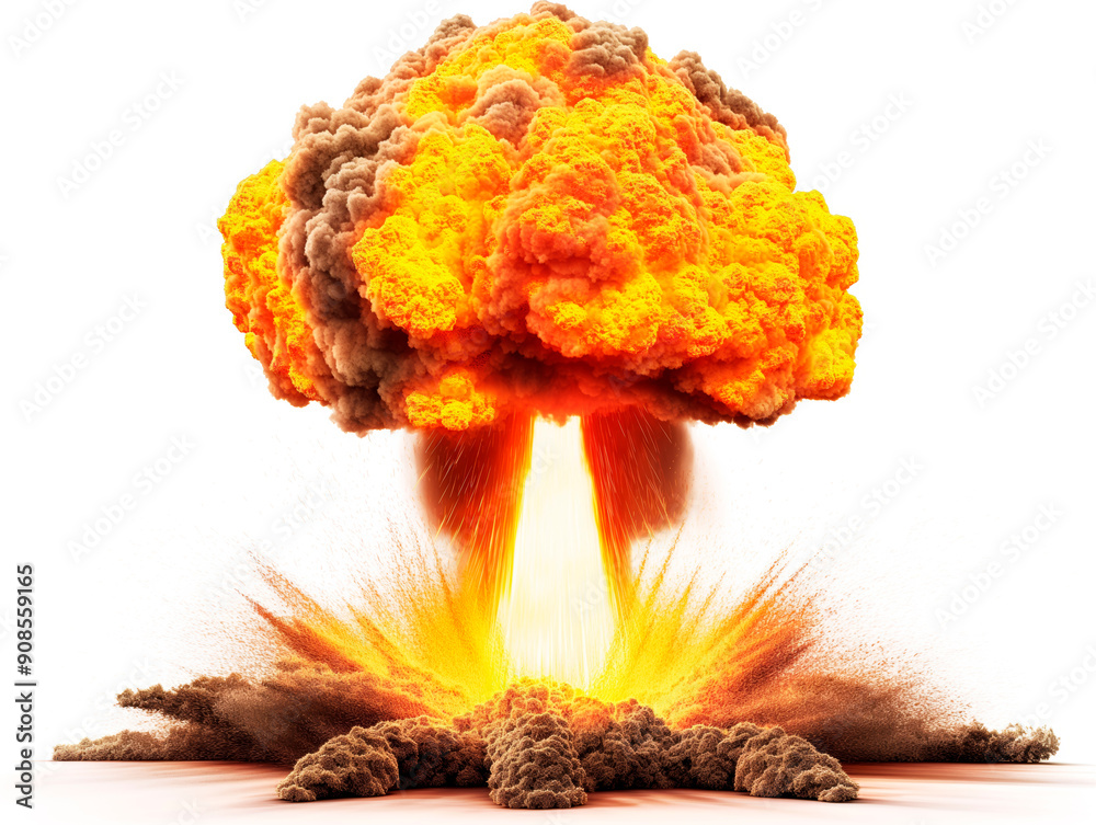 Poster a massive explosion mushroom cloud on a white background, concept of destruction or power. generativ