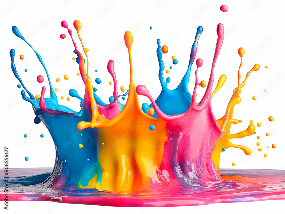 Poster colorful paint splashes captured in mid-air, on a white background, displaying a vibrant and dynamic