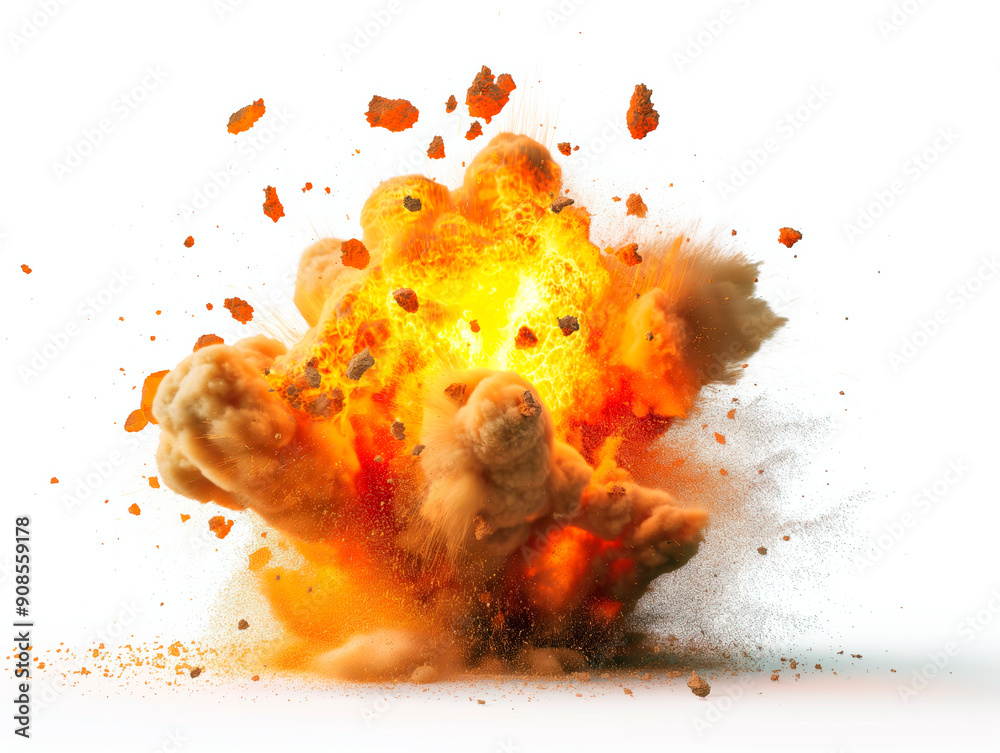 Poster A dynamic explosion with fiery and earthy elements on a white background representing a concept of power or impact. Generative AI
