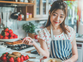 A woman is preparing a meal with strawberries and pancakes