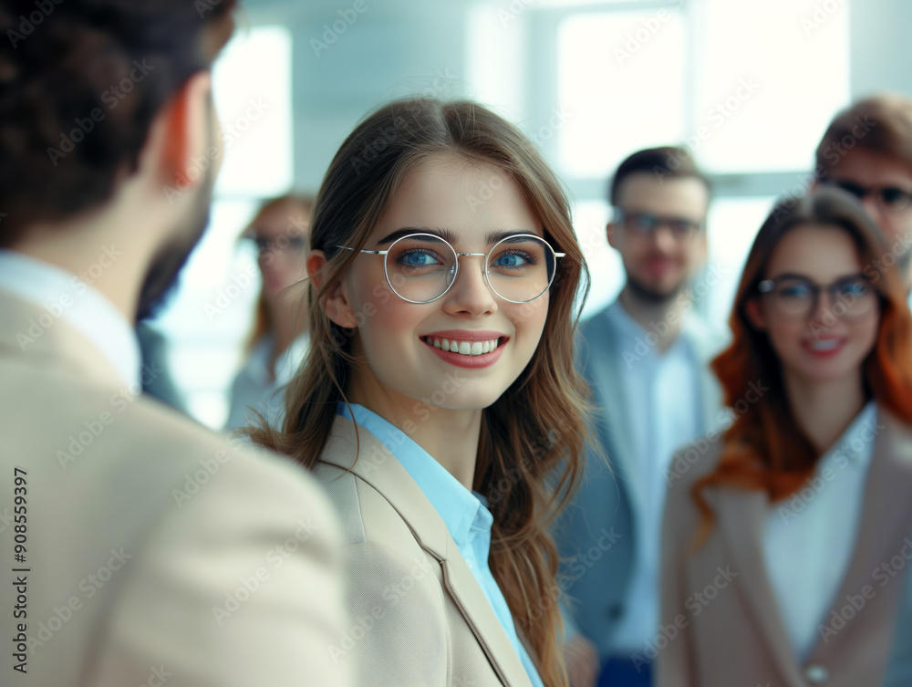 Aufkleber a smiling woman with glasses in a business setting, facing the foreground with colleagues blurred in