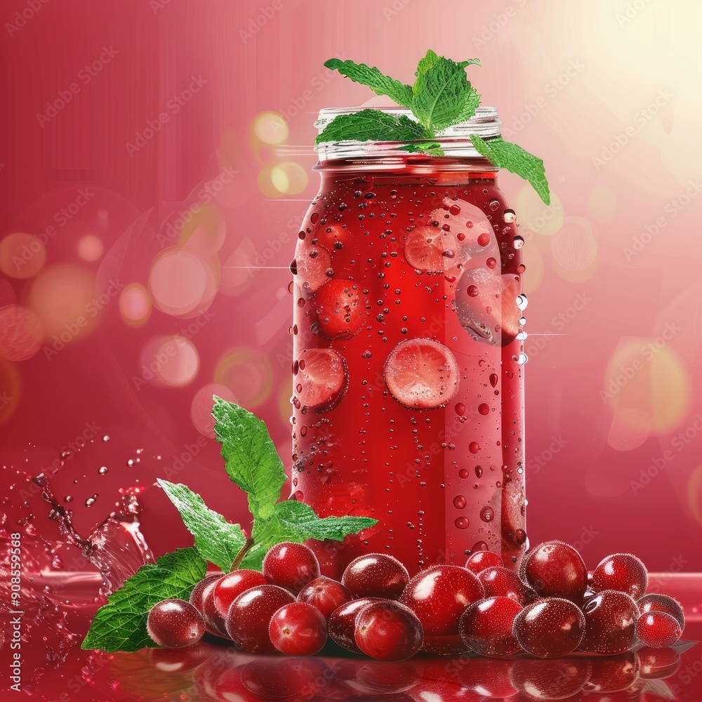 Canvas Prints A jar of red drink with a green leaf on top