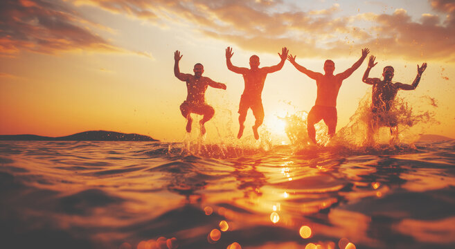 Silhouettes of four people joyously jumping in the water at sunset, with a vibrant orange sky in the background, concept of friendship and fun. Generative AI