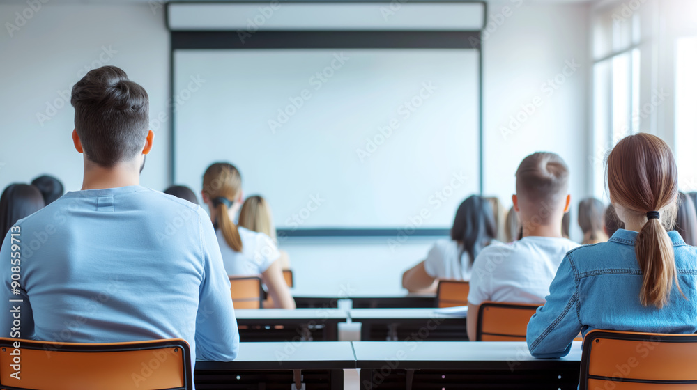 Poster students sitting in a classroom facing a whiteboard, learning environment with natural light, concep