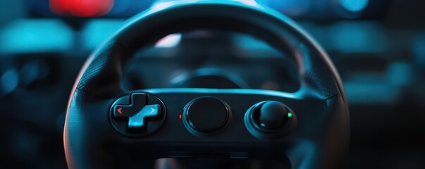 Closeup of a gaming steering wheel controller with pedals, set up for a racing simulation game on a highend gaming rig