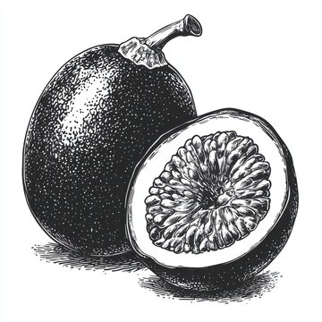 recommend clip art: Black and white Vintage engraved art of a passion fruit isolated on white background, ink sketch illustration, simple vector art design, highly detailed line art, high contrasty