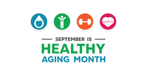 Healthy Aging Month. Apple, water. People, barbell and heartbeat. Suitable for cards, banners, posters, social media and more. White background.