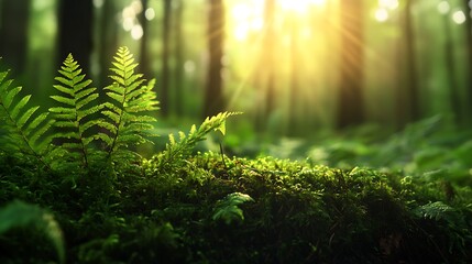 Sunlight filtering through a lush green forest, illuminating moss and ferns.