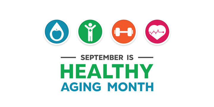 Healthy Aging Month. Apple, water. People, barbell and heartbeat. Suitable for cards, banners, posters, social media and more. White background.