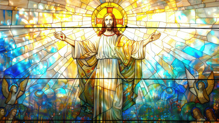 A stained-glass depiction of Jesus Christ, standing with arms outstretched, surrounded by an aura of light, intricate detailing of robes, divine expression