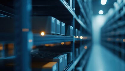 Fototapeta premium Rows of shelves in a warehouse, filled with boxes, illuminated by soft lighting.