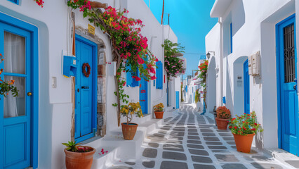 Charming Mykonos Street with White Walls and Blue Doors