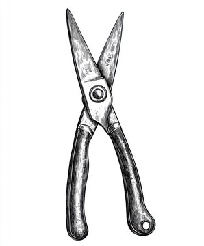 recommend clip art: Black and white Vintage engraved art of a pruning shears isolated on white background, ink sketch illustration, simple vector art design, highly detailed line art, high contrasty
