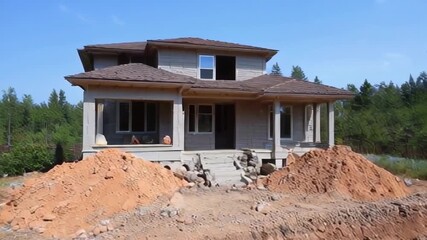 A construction site showcasing a house with dirt piles and tools, emphasizing the building process and outdoor setting
