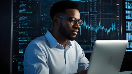 Professional stock trader analyzing market trends in a high-tech trading environment.