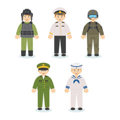 Set of boys in military uniform, the uniform of a captain, sailor, parachutist. Vector illustration for your creativity