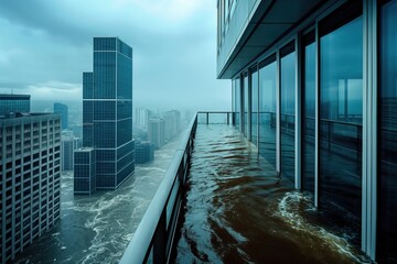 Flooded penthouse balcony overlooks cityscape in massive flooding. Water level rises to windows, creating a natural barrier between buildings. Cloudy sky casts soft light on urban landscape.