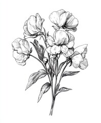 Black and white Vintage engraved art of a sweet pea bouquet isolated on white background, ink sketch illustration, simple vector art design, highly detailed line art, high contrasty